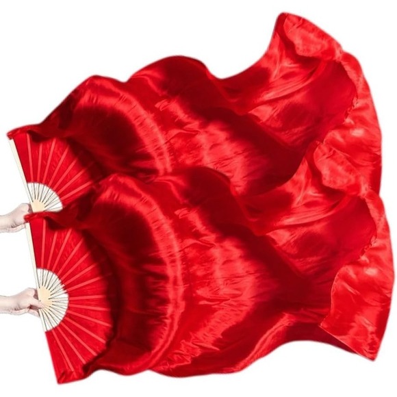 The Unbranded Brand Other - Women Chinese Belly Dance Silk Fan Veils (Left+Right) 1 Pair Long Fans for Dance